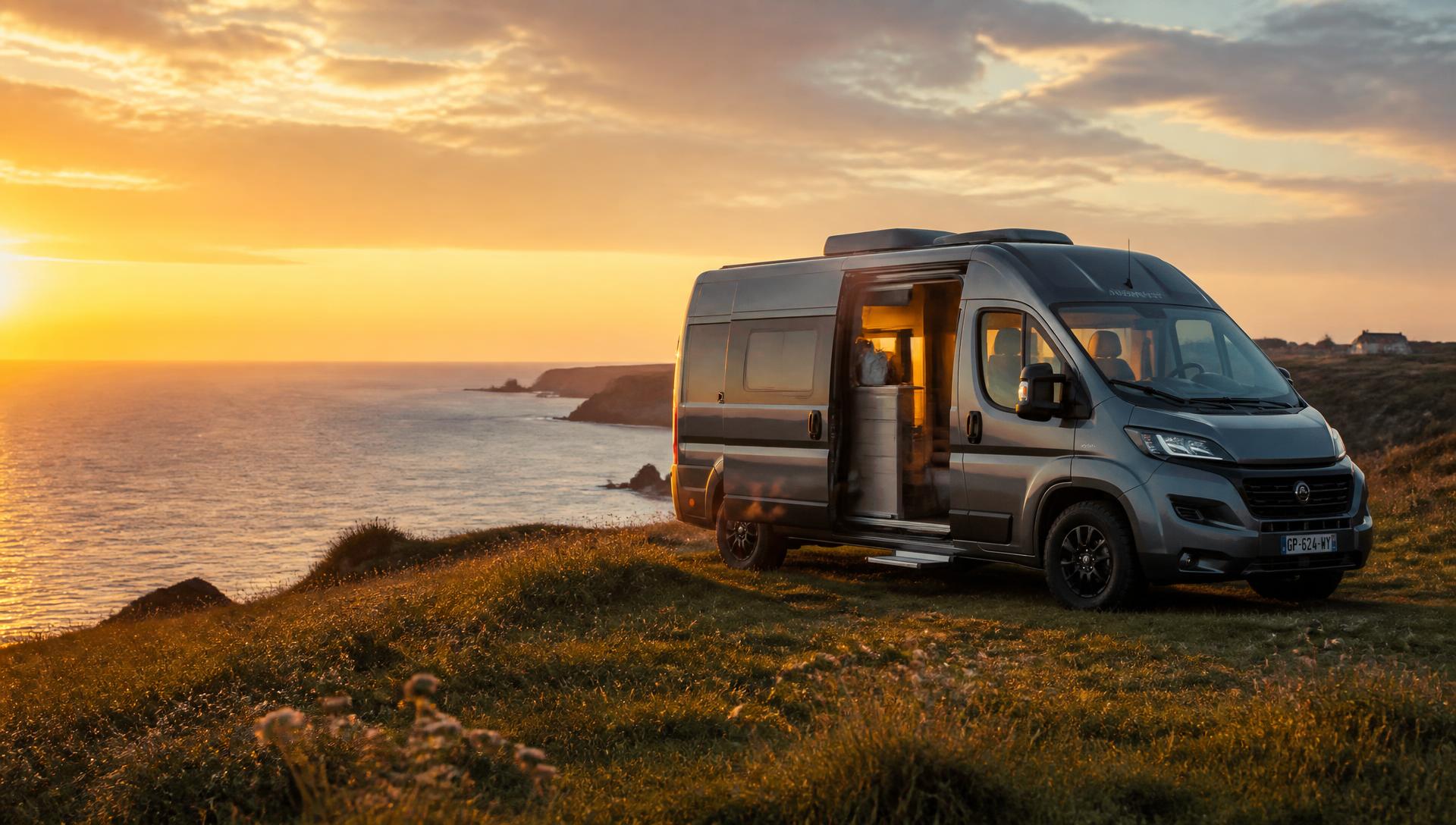 Camping-car installé face à un paysage naturel au coucher du soleil